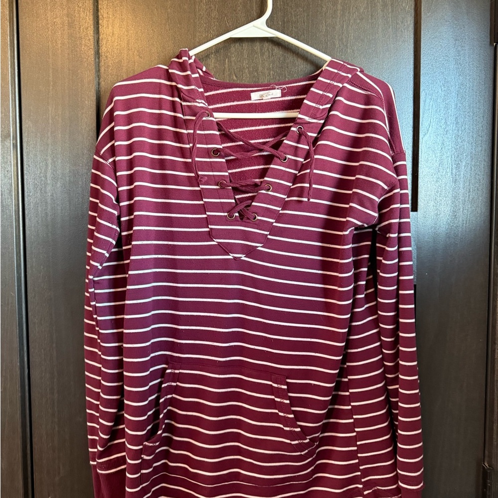 Maurices Burgundy and White Striped Hoodie